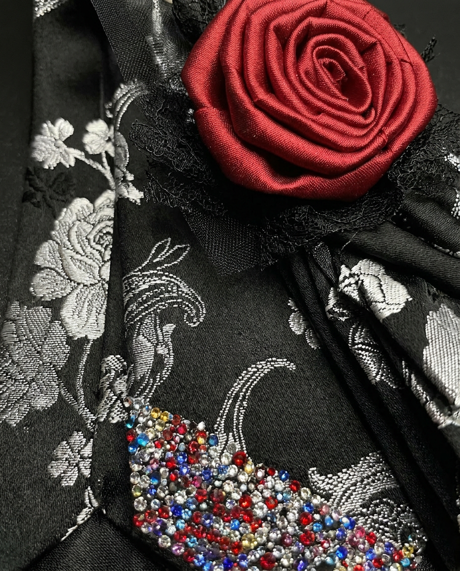 SUPERVALUECHOICE HCSEZA00033 Black Floral Print Necktie with Red Rose Brooch