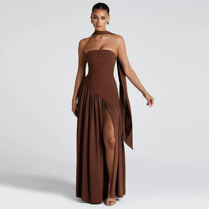 SVCD000037 Sexy and elegant solid-color side-slit strapless dress with a scarf collar