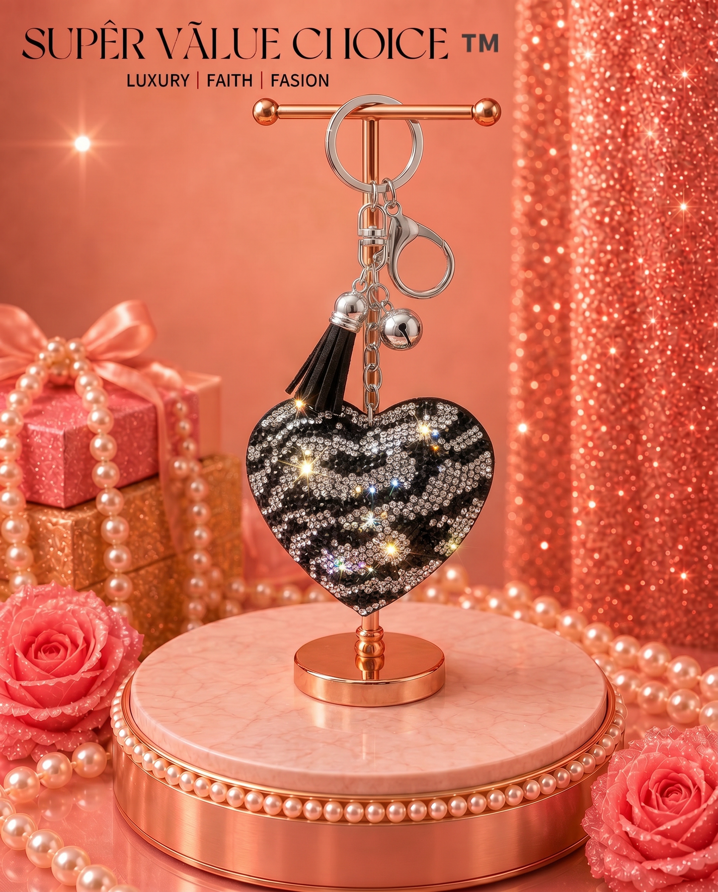 SUPERVALUECHOICE HCSESA00044 Sparkly Rhinestone Heart Bow Keychain Brooch
