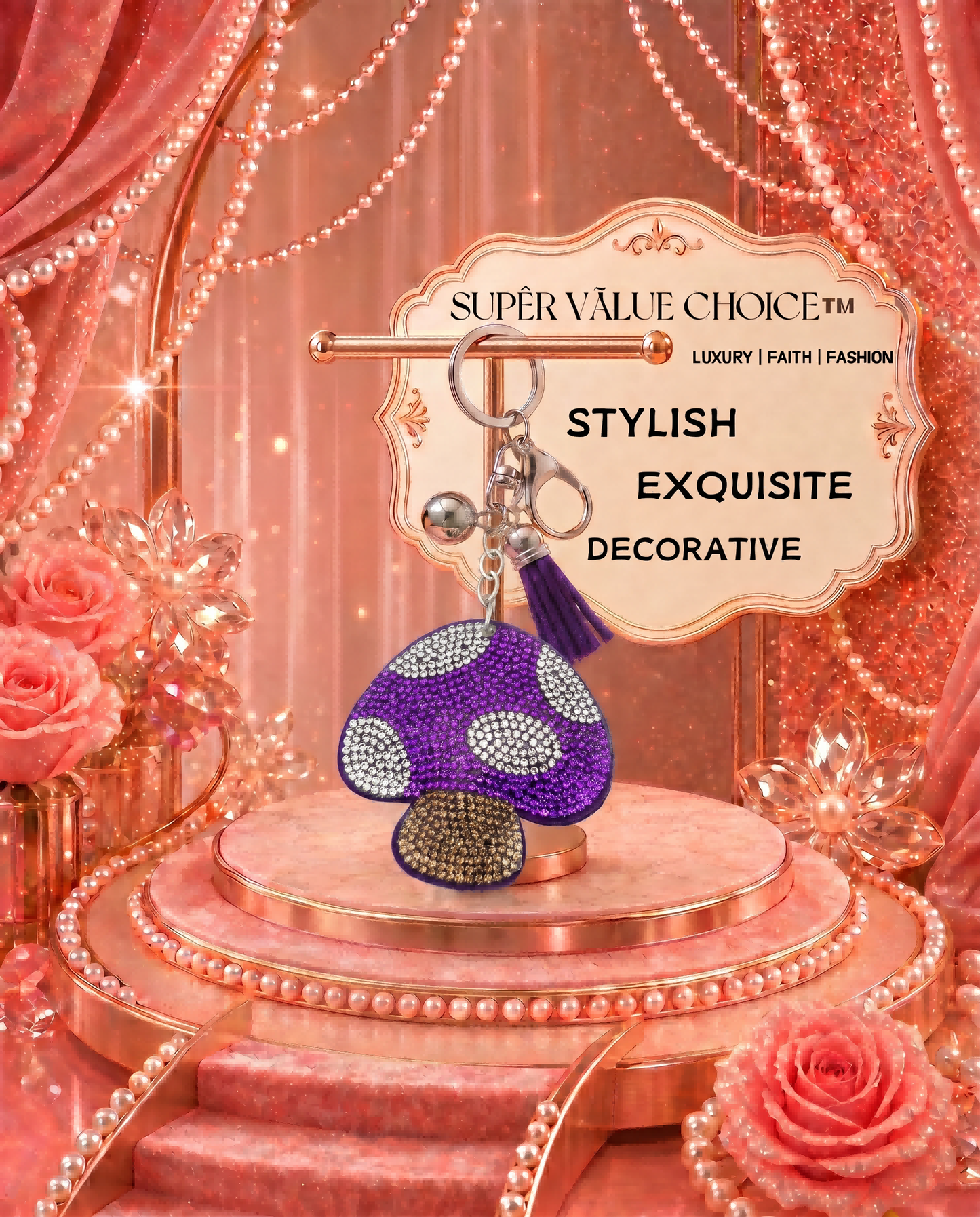 SUPERVALUECHOICE HCSESA00032 Bling Mushroom Brooch Pin & Keyring with Tassel