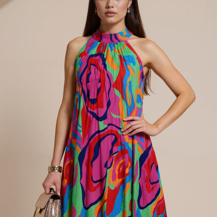 SVCD000101Summer fashion temperament printed sleeveless, off-the-shoulder stand collar fashion pleated dress