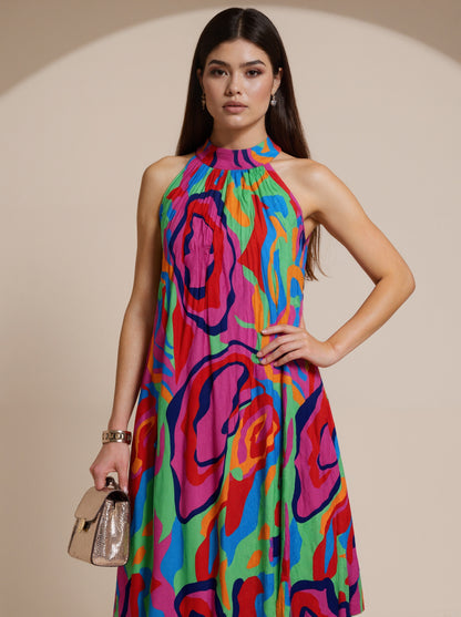 SVCD000101Summer fashion temperament printed sleeveless, off-the-shoulder stand collar fashion pleated dress