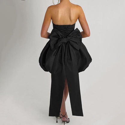 SVCD000051 Bow strapless lantern dress for dinner, sexy strappy slit dress