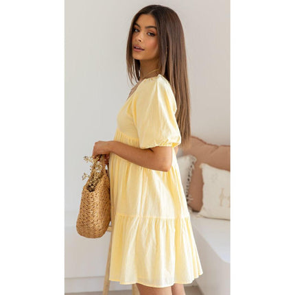 SVCD000018 Spring and summer solid-color casual V-neck, loose waist, puffed sleeves and large hem dress is short