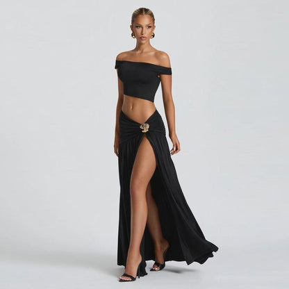 SVCM000047 Women's sexy off-the-shoulder crop top T-shirt, vest, slimming side slit skirt set