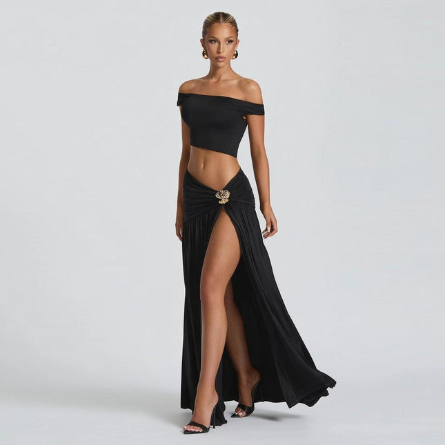 SVCM000047 Women's sexy off-the-shoulder crop top T-shirt, vest, slimming side slit skirt set