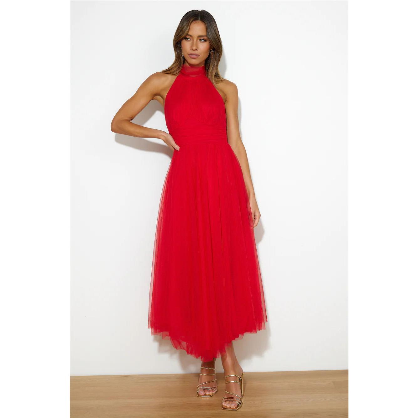 SVCD000027  multi-color casual vacation dress with a high-neck mesh tulle