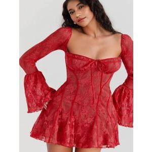 SVCD000114 women's elegant, fashionable, fitted, lace, flared, long-sleeved, lace-up, A-line dress