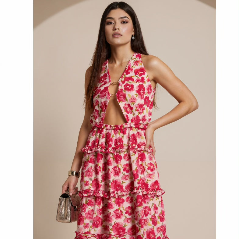 SVCD000128 Summer fashion hollowed-out strap V-neck style halter print dress