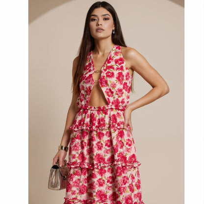 SVCD000128 Summer fashion hollowed-out strap V-neck style halter print dress