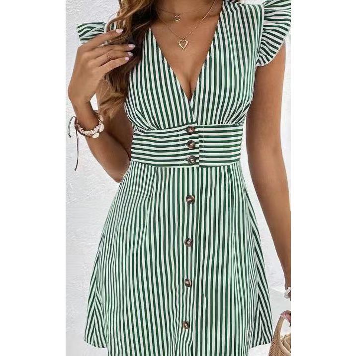 SVCD000019 women's elegant striped printed V-neck fly-sleeved dress