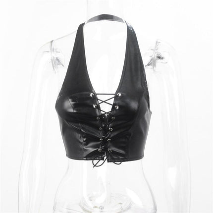 SVCT000075 Sexy halter-neck, backless, lace-up short PU mini vest for women