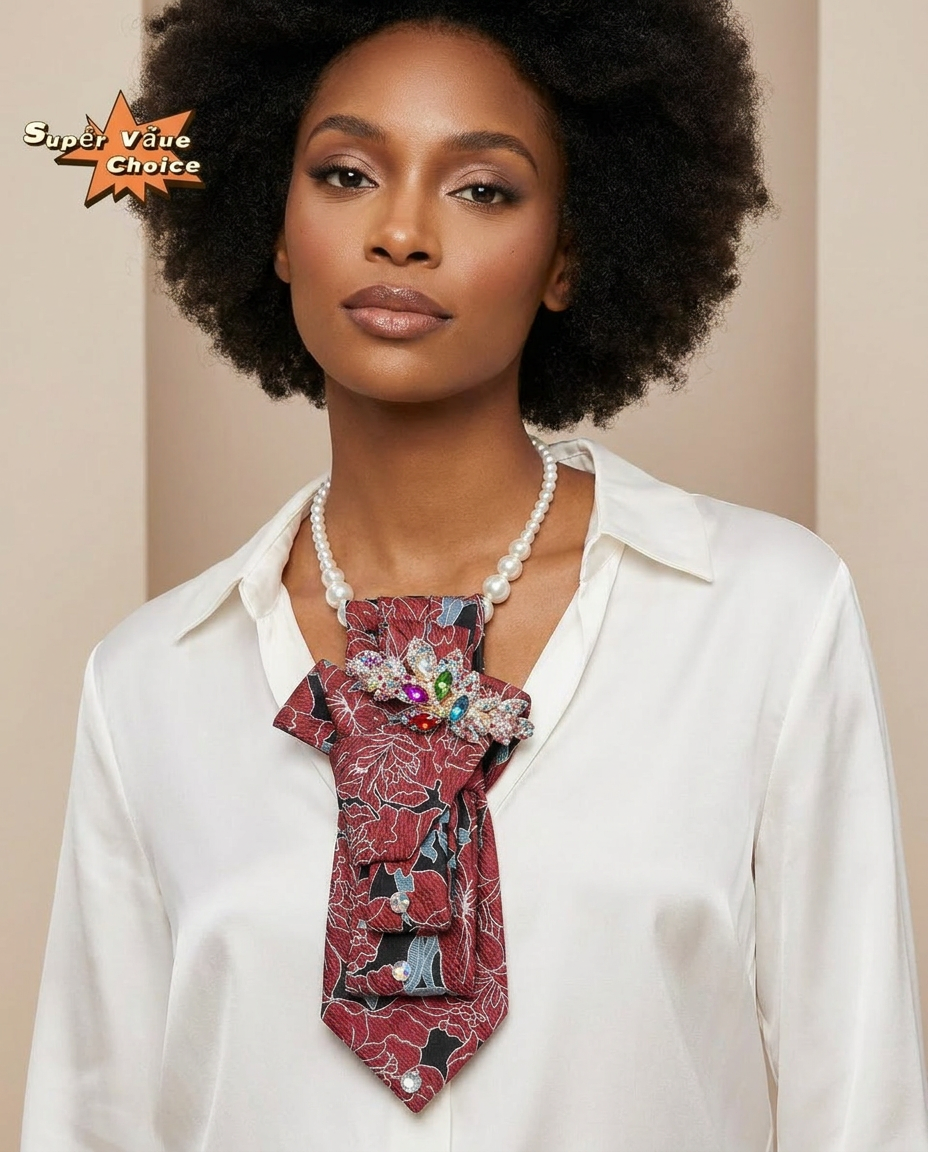 SUPERVALUECHOICE HCSEZA00037 Red Floral Necktie with Multicolor Rhinestone Brooch - For Parties & Special Events