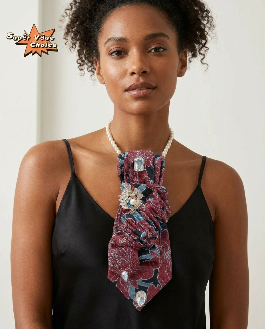 SUPERVALUECHOICE HCSEZA00035 Floral Necktie with Multicolor Crystal Brooch - Ideal for Parties & Night Outs