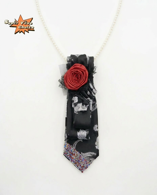 SUPERVALUECHOICE HCSEZA00033 Black Floral Print Necktie with Red Rose Brooch