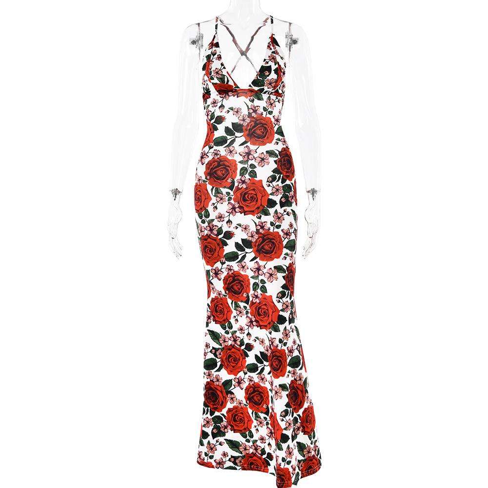 SVCD000015 Summer strappy sleeveless dress, sexy and fashionable printed backless slimming long dress