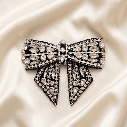 SUPERVALUECHOICE CHRISTMAS HCSEYD00043 Handmade Rhinestone Pearl Bow Applique, Sew On Bow Patch for Christmas Outfit, Formal Dress, Costume & Holiday Garment Embellishment