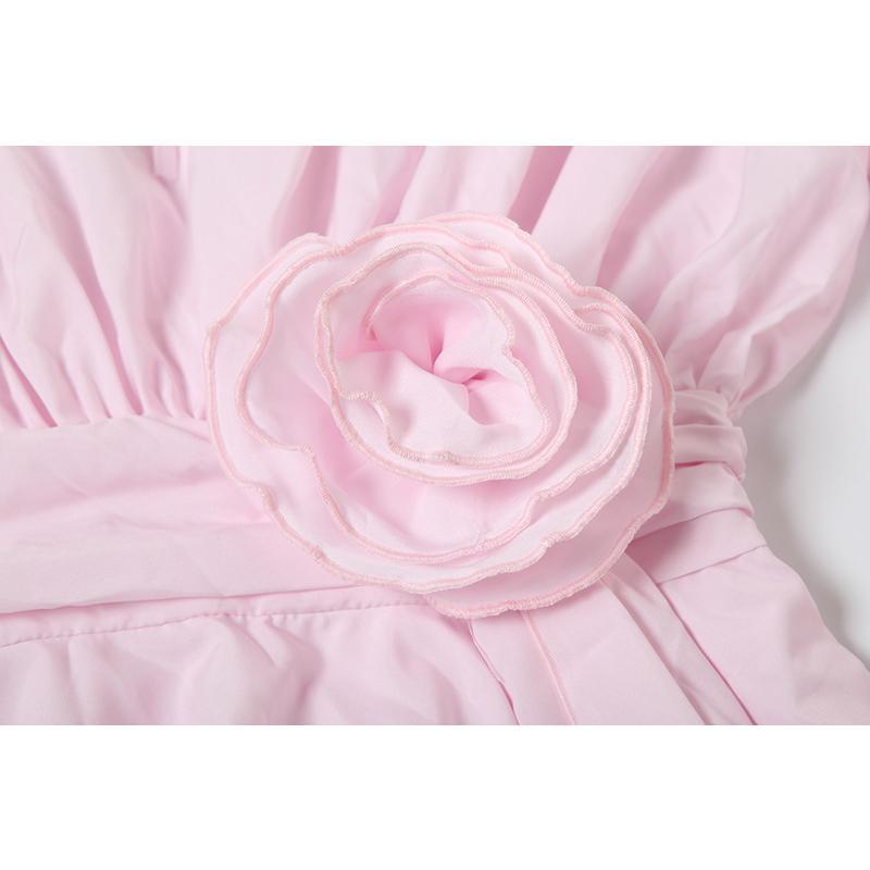 SVCD000038 Women's solid-color sexy round-neck tie with flower decoration, flared sleeve and hip-hugging dress