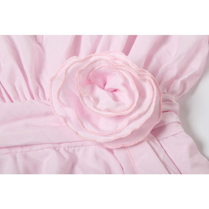 SVCD000038 Women's solid-color sexy round-neck tie with flower decoration, flared sleeve and hip-hugging dress