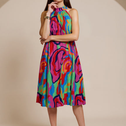 SVCD000101Summer fashion temperament printed sleeveless, off-the-shoulder stand collar fashion pleated dress