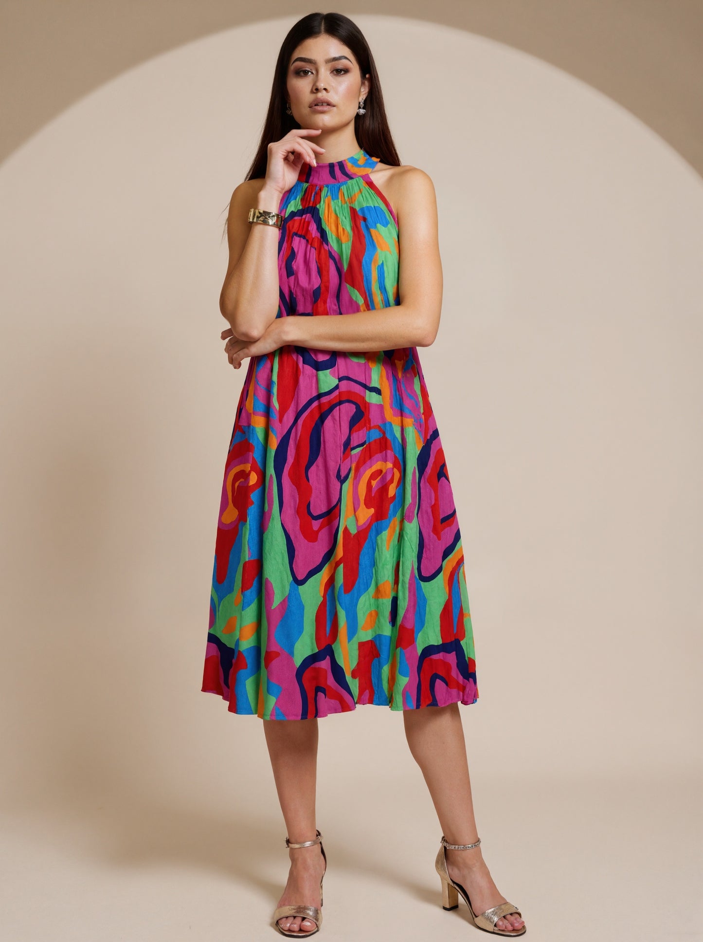 SVCD000101Summer fashion temperament printed sleeveless, off-the-shoulder stand collar fashion pleated dress