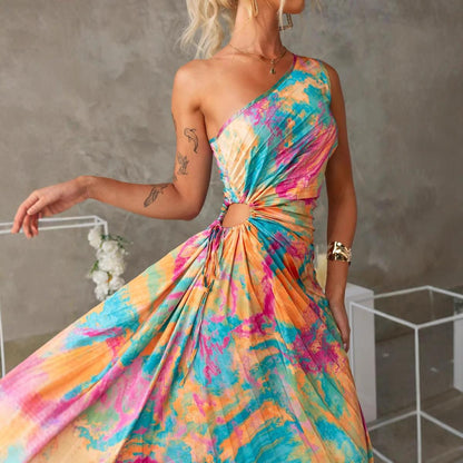 SVCD000064 Single-shoulder sleeveless dress with a sense of design, lace-up and embossed printing