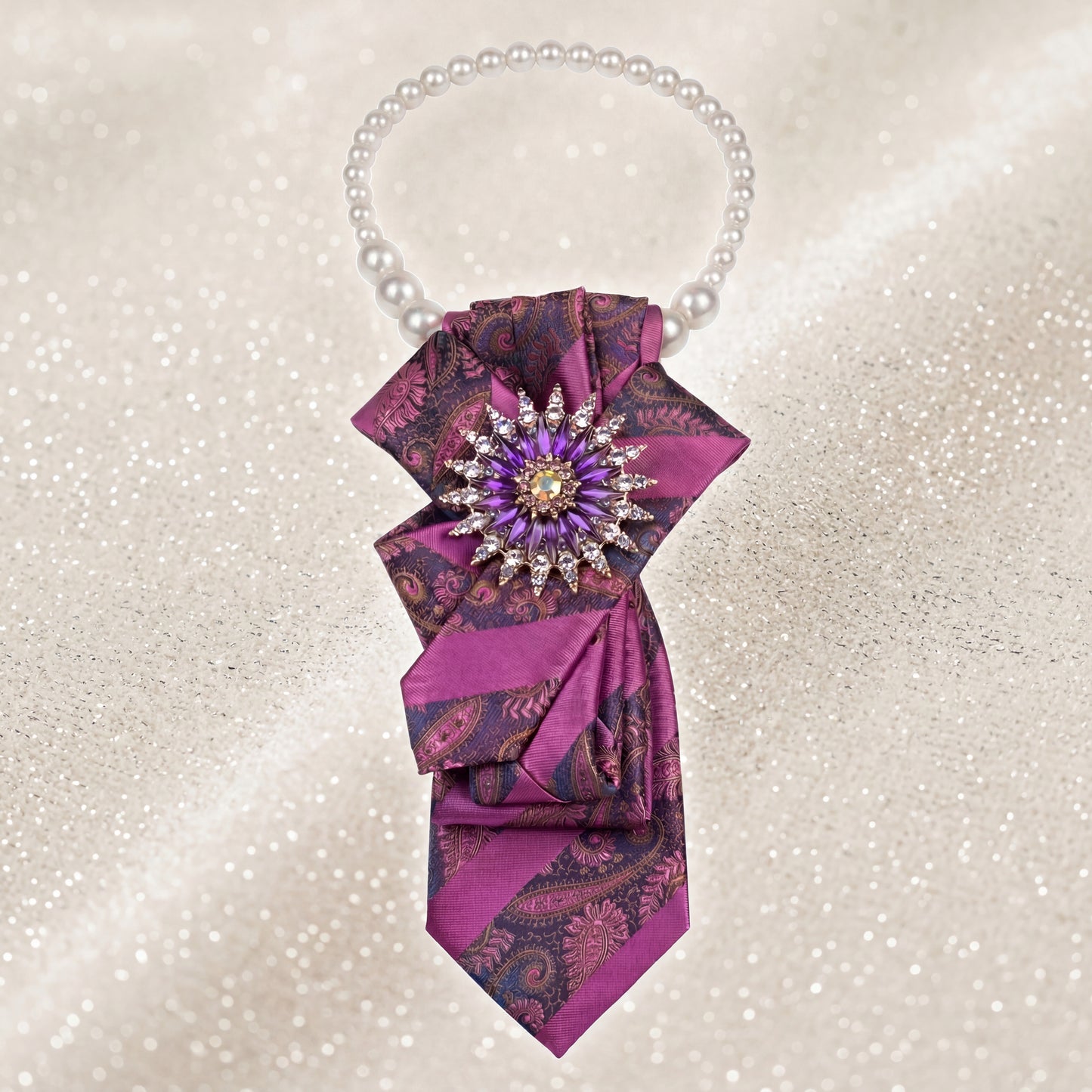 SUPÊR VÃLUE CHOICE #HCSEZ0001 Purple Satin Statement Tie with Butterfly Brooch | Pearl Collar Embellished Tie | Elegant Women's Neck Tie Accessory