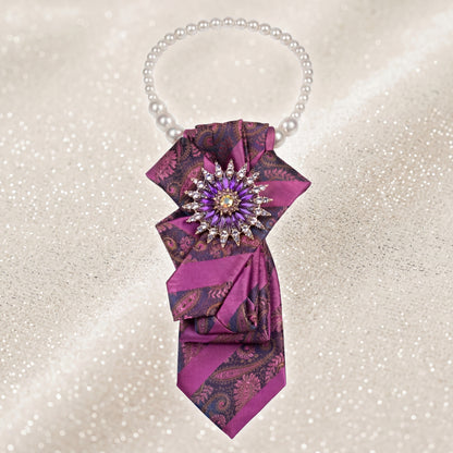 SUPÊR VÃLUE CHOICE #HCSEZ0001 Purple Satin Statement Tie with Butterfly Brooch | Pearl Collar Embellished Tie | Elegant Women's Neck Tie Accessory