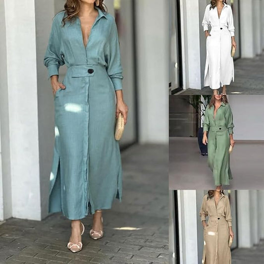 SUPERVALUECHOICE HCSEWO0001 Lace-up Solid Color Waist Long Sleeve Irregular Shirt Dress