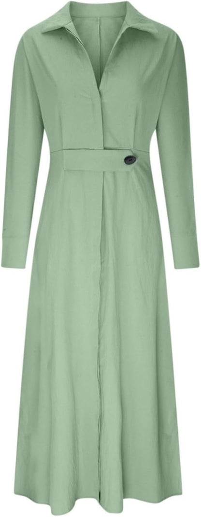 SUPERVALUECHOICE HCSEWO0001 Lace-up Solid Color Waist Long Sleeve Irregular Shirt Dress