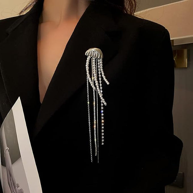 SUPERVALUECHOICE HCSESA00111 Fashion Brooch Rhinestone Pearl Tassel Jellyfish Brooch