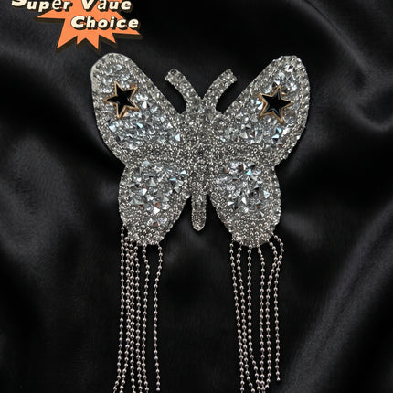SUPERVALUECHOICE CHRISTMAS HCSEYD00046 Handmade Rhinestone Butterfly Applique, Hotfix Backed Crystal Beaded Patch for Christmas Holiday Garment, Formal Dress & Costume Embellishment 2.68 in × 4.53 in