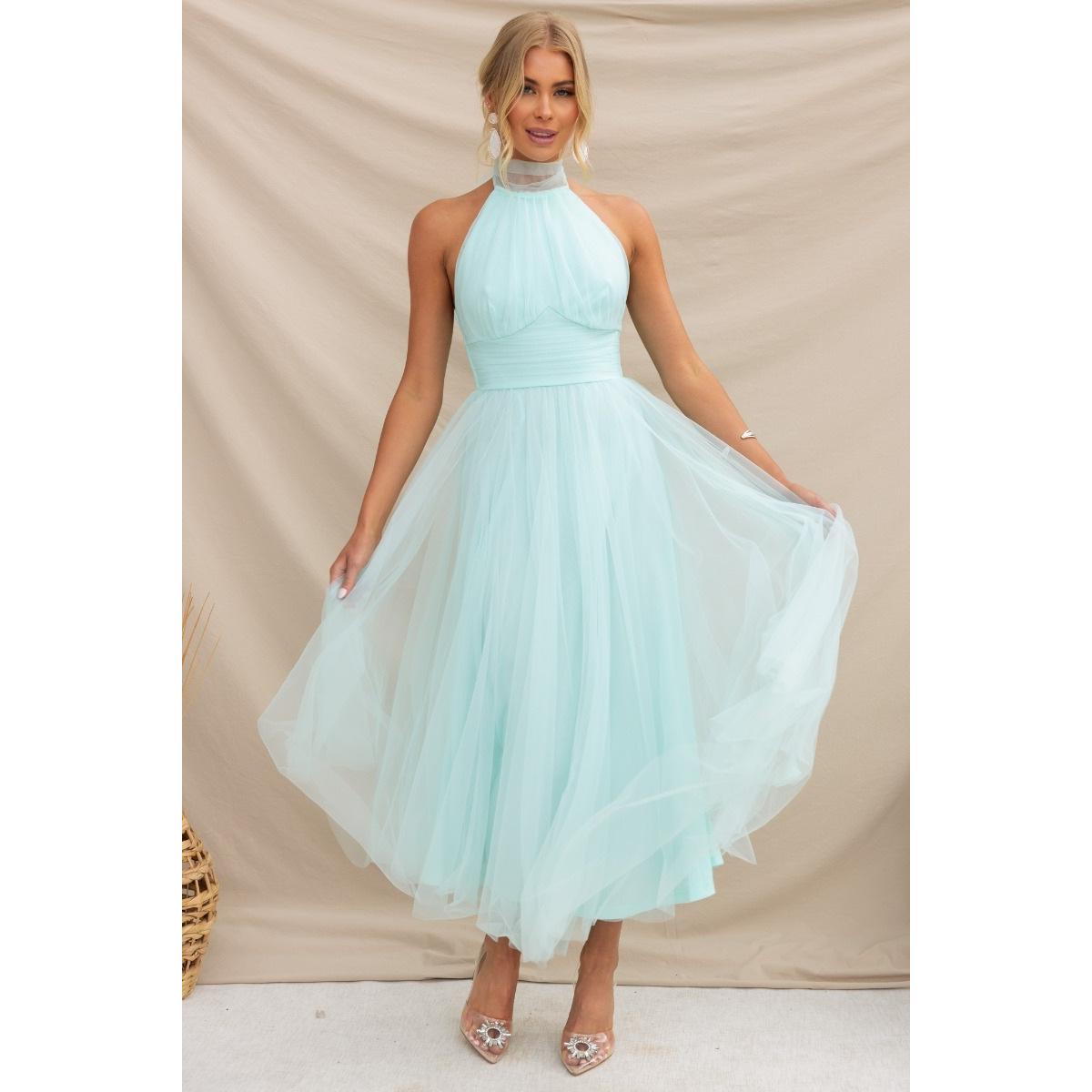 SVCD000027  multi-color casual vacation dress with a high-neck mesh tulle