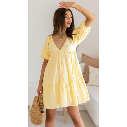 SVCD000018 Spring and summer solid-color casual V-neck, loose waist, puffed sleeves and large hem dress is short