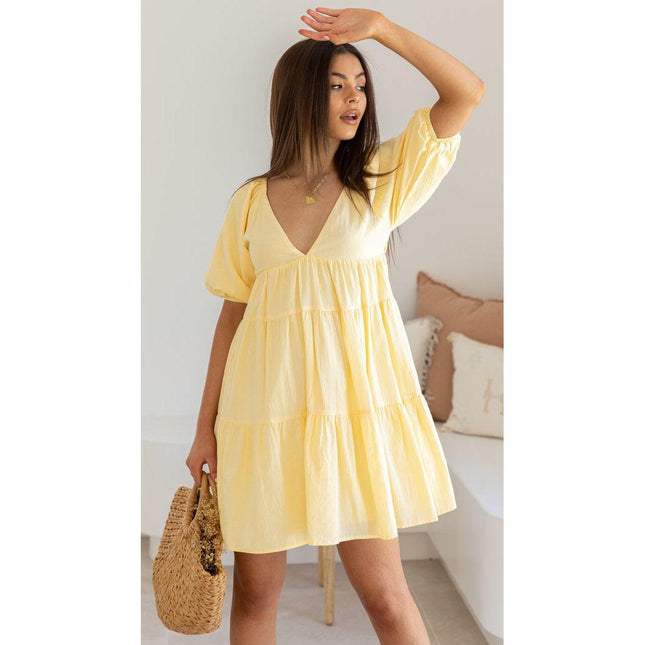 SVCD000018 Spring and summer solid-color casual V-neck, loose waist, puffed sleeves and large hem dress is short