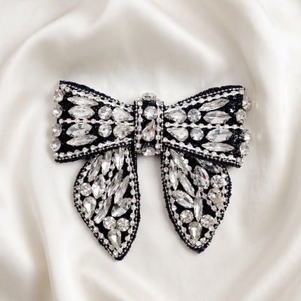 SUPERVALUECHOICE CHRISTMAS HCSEYD00043 Handmade Rhinestone Pearl Bow Applique, Sew On Bow Patch for Christmas Outfit, Formal Dress, Costume & Holiday Garment Embellishment
