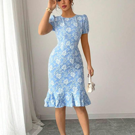 SVCD000020  Summer new Daisy embossed dress, slim fishtail dress, short sleeve