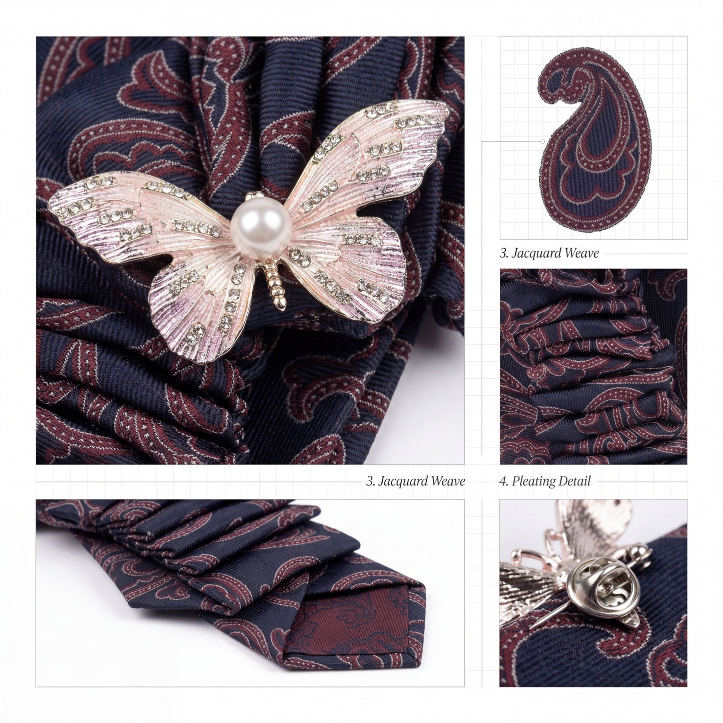 SUPÊR VÃLUE CHOICE #HCSEZ0002 Purple Satin Statement Tie with Butterfly Brooch | Pearl Collar Embellished Tie | Elegant Women's Neck Tie Accessory