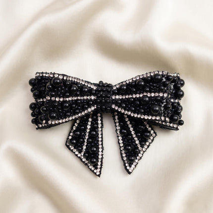 SUPERVALUECHOICE CHRISTMAS HCSEYD00043 Handmade Rhinestone Pearl Bow Applique, Sew On Bow Patch for Christmas Outfit, Formal Dress, Costume & Holiday Garment Embellishment