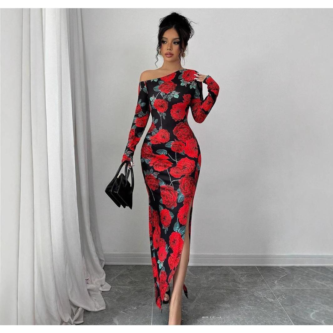 SVCD000035 Elegant rose slit figure-hugging dress, fashionable and sexy printed slimming long dress