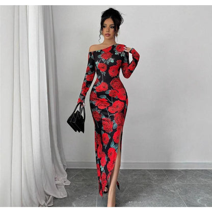 SVCD000035 Elegant rose slit figure-hugging dress, fashionable and sexy printed slimming long dress