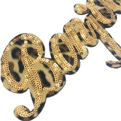 SUPERVALUECHOICE HCSEYC00021 Gold Sequin Leopard Print Bonjour Word Iron On Embroidered Patch Cursive Letter Applique for Jacket Hat Bag Clothing DIY Decor W:12.20inch H:4.33inch