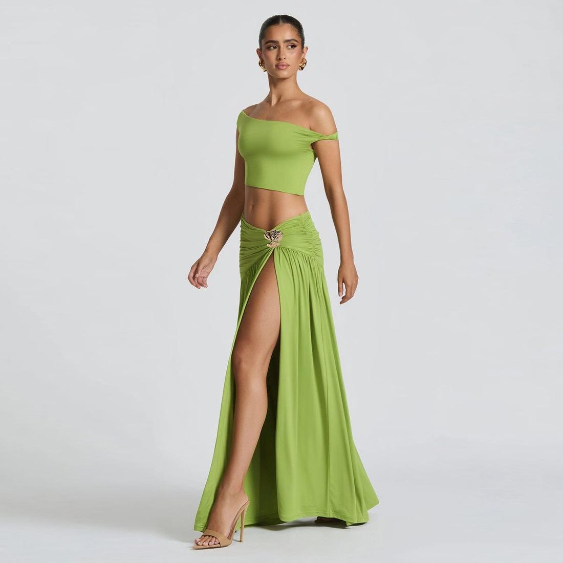 SVCM000047 Women's sexy off-the-shoulder crop top T-shirt, vest, slimming side slit skirt set