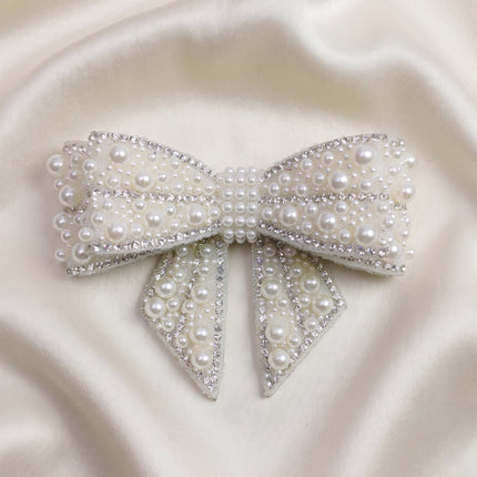 SUPERVALUECHOICE CHRISTMAS HCSEYD00043 Handmade Rhinestone Pearl Bow Applique, Sew On Bow Patch for Christmas Outfit, Formal Dress, Costume & Holiday Garment Embellishment