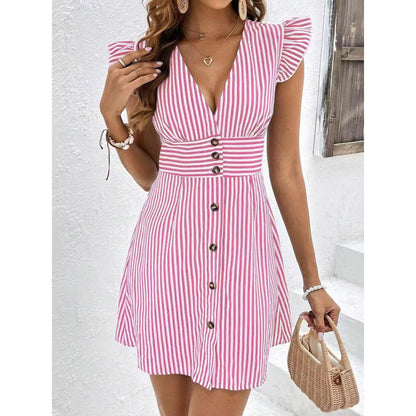 SVCD000019 women's elegant striped printed V-neck fly-sleeved dress