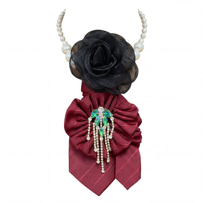 SUPÊR VÃLUE CHOICE #HCSEZ0006 Red Satin Statement Tie with Butterfly Brooch | Pearl Collar Embellished Tie | Elegant Women's Neck Tie Accessory