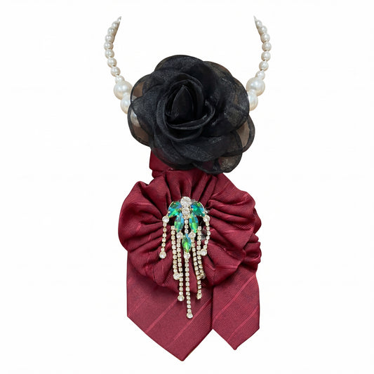 SUPÊR VÃLUE CHOICE #HCSEZ0006 Red Satin Statement Tie with Butterfly Brooch | Pearl Collar Embellished Tie | Elegant Women's Neck Tie Accessory