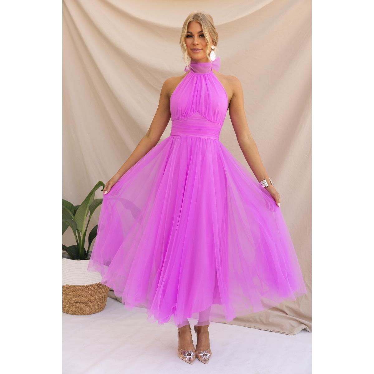 SVCD000027  multi-color casual vacation dress with a high-neck mesh tulle