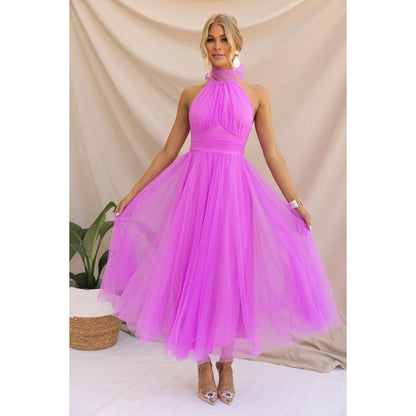 SVCD000027  multi-color casual vacation dress with a high-neck mesh tulle