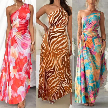 SVCD000064 Single-shoulder sleeveless dress with a sense of design, lace-up and embossed printing